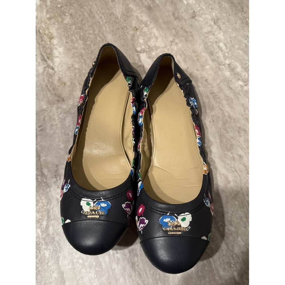 Women's COACH Navy Blue Floral Flower Flats Shoes Size‎ Sz 9.5 - Preppy